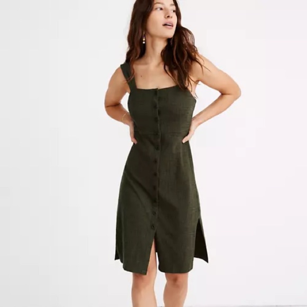 Madewell Texture & Thread Button Front Dress Dark Forest Green
